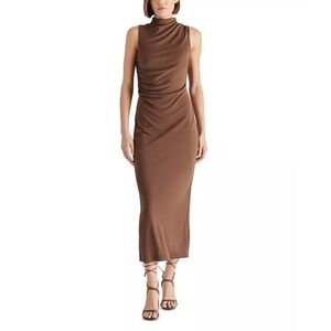 Steve Madden Mo Dress Coco Brown Mock Neck Ruched Midi Sheath XS BO308958